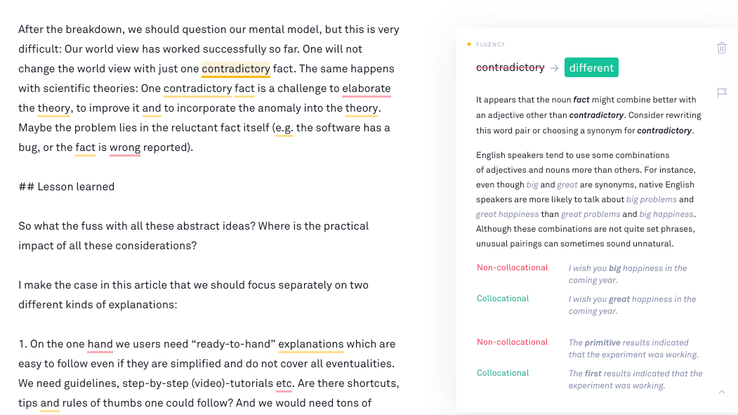 Screenshot of an alter explanation by Grammarly