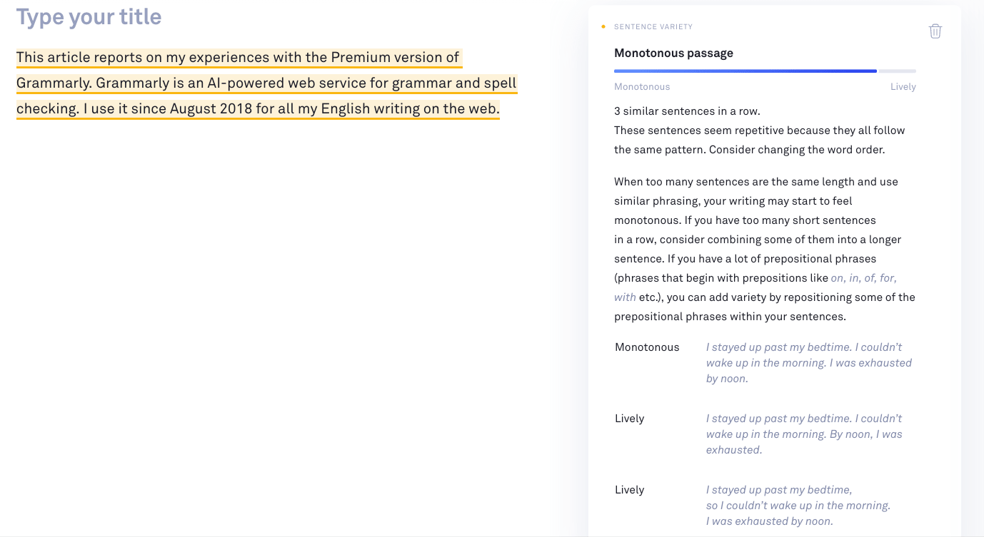 Screenshot of a Grammarly window with alert about a boring text passage