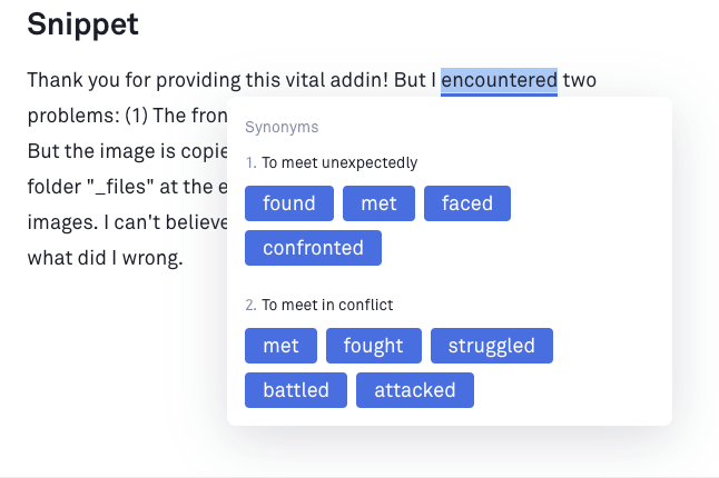 Screenshot of a window in Grammarly for choosing a suggested synonym
