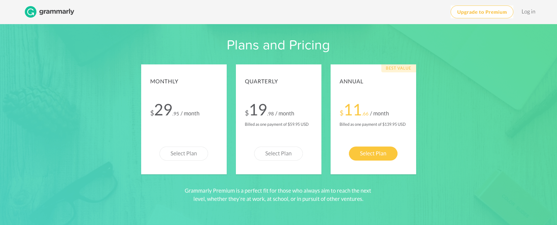 Screenshot of Grammarly plans and pricing