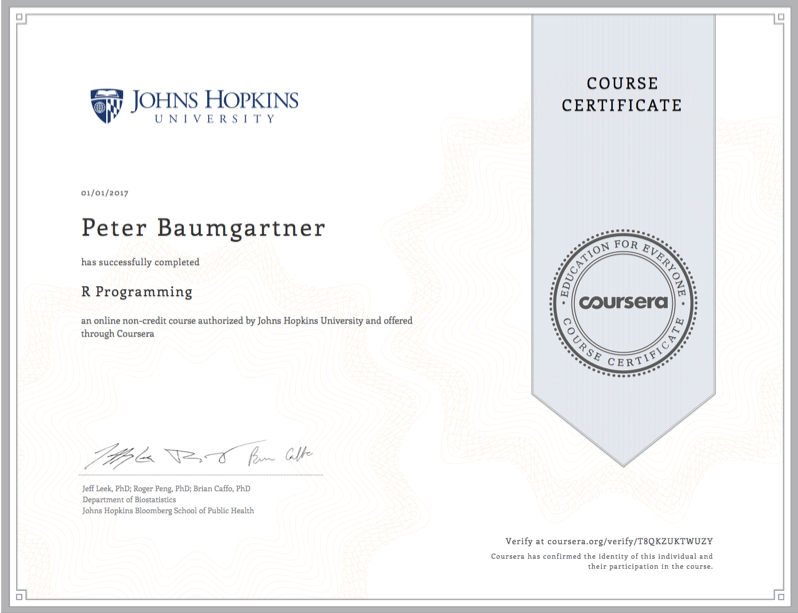 Coursera Certificate for Peter Baumgartner for the course on R Programming.