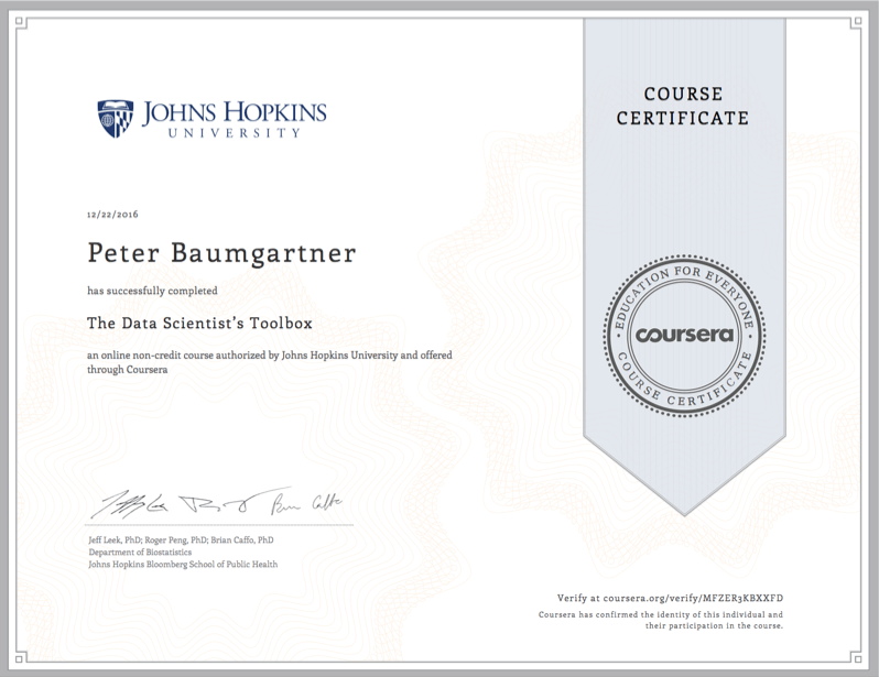 Coursera Certificate for Peter Baumgartner for the course on Data Science Toolboxes.