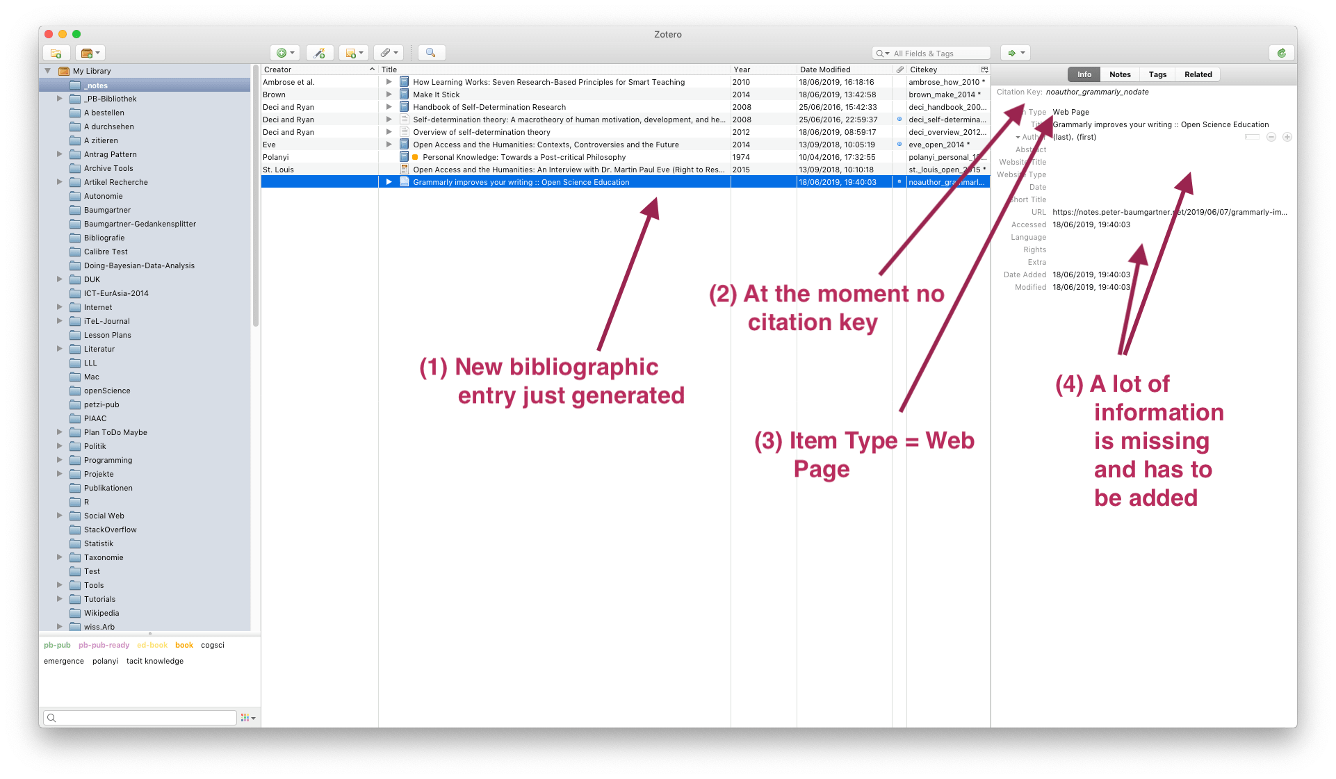 Sreenshot of the Zotero bilbiograpy with the new downloaed biobliographic entry.